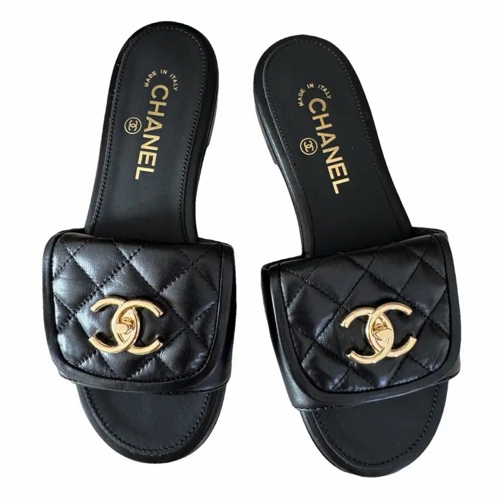 Chanel Black Quilted turnlock Slide Sandals